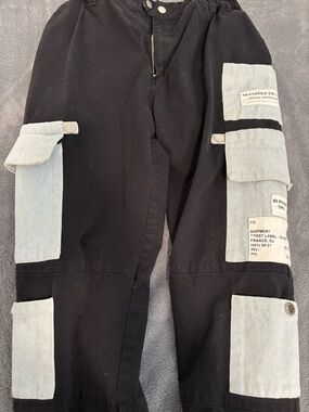 Black Cargo Pants with Light Denim Patch Details